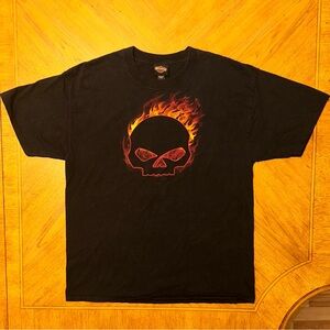 Harley Davidson T-Shirt Mens Large Black Skull Flame Graphic Blue Ridge Hickory